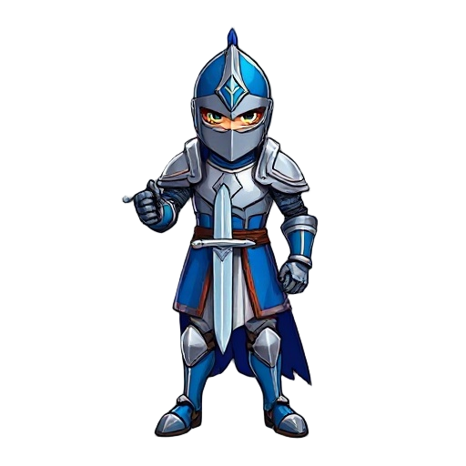 um cavaleiro inglês, com armadura de cavaleiro, espada na bainha e sem escudo, capacete fechado e com cores principais: azul, e cinza da armadura, capacete fechado