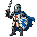 medieval knight in steel armor with chainmail, blue cape flowing, white surcoat with red cross. holding raised sword and white shield with blue lion. style, side view, vibrant colors and detailed shading.