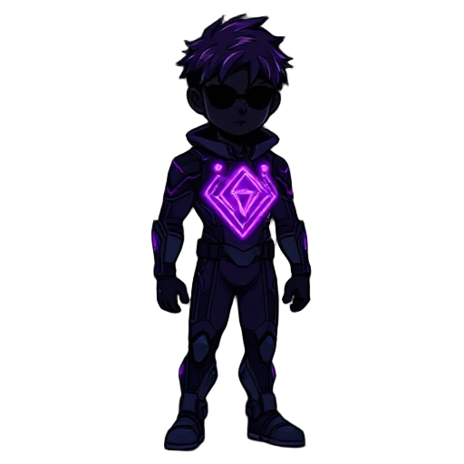 a high-quality pixel-art character in a dark, futuristic tech-suit. the character has a tall,slim, agile silhouette with a featureless black face and short, messy dark purple hair.  the chest has a glowing violet “phase core” shaped like a diamond, emitti