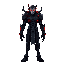create a menacing villain character with a tall, intimidating build, dark futuristic armor with matte black panels and glowing red highlights, long limbs, sharp features, and a sinister presence. keep a dramatic stance, detailed textures, and neon accents