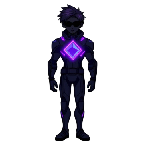 a high-quality tall pixel-art character in a dark, futuristic tech-suit. the character has a ,slim, agile silhouette with a featureless black face and short, messy dark purple hair.  the chest has a glowing violet “phase core” shaped like a diamond, emitt