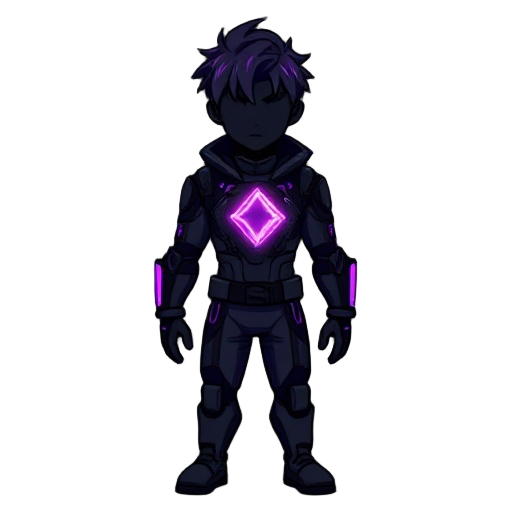 create a high-quality pixel-art character in a dark, futuristic tech-suit.  the character has a slim, agile silhouette with a featureless black face and short, messy dark purple hair.  the chest has a glowing violet “phase core” shaped like a diamond, emi