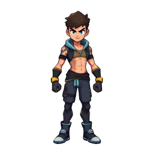 create a full-body pixel-art character for a fast-paced 2d action game called phasebreaker.  the hero is a young, slim, agile fighter who has absorbed a fragment of the phase core, giving him the ability to phase-shift through reality.  appearance: • age: