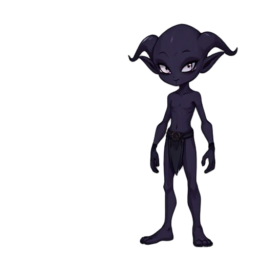  fantasy humanoid character, full body, front view, standing pose, no clothes, simplified anatomy but readable, race: drow — slim silhouette, dark purple or black skin palette, silver eyes, long pointed ears, faint rune marks, iconic silhouette, no backgr