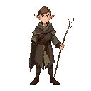 half-elf mage scholar, pointed ears, front view, wearing a municipal tunic with neat cloth folds. holding a dry-branch wand, thin and irregular. curious gaze, tidy style, slim build, light shading, no background.