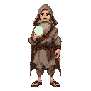 human mage with long hair and beard,  acolyte traveler, front view, wearing light travel vestments with worn hood edges. holding an opaque glass orb with faint glow. subtle dust on clothes, calm expression, practical sandals, soft shading, no background.