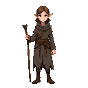 half-elf mage, front view, pointed ears, soft features. wearing a tattered apprentice robe with frayed seams. holding a raw wooden staff, simple and rough. calm stance, subtle elven elegance, light shading, no background.