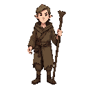 human mage, front view, wearing a tattered apprentice robe with frayed edges and rough stitching. holding a raw wooden staff, uneven and unpolished. modest look, calm expression, simple boots, light shading, no background.
