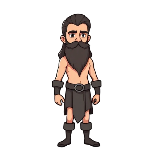 standard mage human body, simple facial features, long hairstyle and beard, very basic silhouette. no clothes, no background, just the body with the skin and hair. with one hand as if holding an object