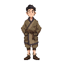 human scholar, front view, wearing a municipal tunic with clean cloth and small side pouches. holding a thin dry-branch wand, slightly crooked. curious expression, tidy appearance, simple cloth boots, light shading, no background.