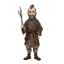 ancient human mage scholar, front view, wearing a municipal tunic with clean cloth and small side pouches. holding a thin dry-branch wand, slightly crooked. curious expression, tidy appearance, simple cloth boots, light shading, no background.