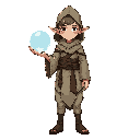 half-elf mage acolyte, front view, light vestments for travel, small hood, subtle wear marks. holding an opaque glass orb with faint inner glow. calm expression, graceful posture, pointed ears, soft shading, no background.