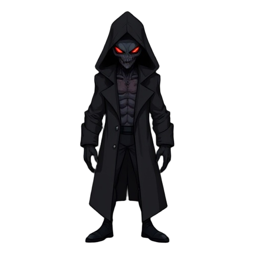 a dark, ominous humanoid entity standing upright, wearing a long, heavy black trench coat with a deep hood that conceals most of the head. the hood casts a shadow over a partially revealed face made of glowing red sinew, exposed muscle, and digital corrup