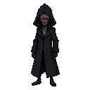 a dark, ominous humanoid entity standing upright, wearing a long, heavy black trench coat with a deep hood that conceals most of the head. the hood casts a shadow over a partially revealed face made of glowing red sinew, exposed muscle, and digital corrup