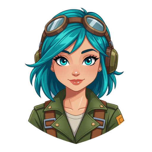 female tomboy airship pilot with teal hair