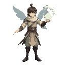 human air mage, front view, wearing elemental artificer clothes with light fabrics and metal accents. holding a serene breeze orb releasing gentle wind swirls. light posture, flowing details, no background.