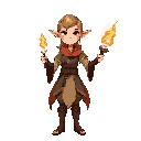 elven fire mage, front view, pointed ears, elegant face. wearing arcane academy tunic with gold-lined fabric. holding a cut crystal wand glowing with fire sparks. light embers, graceful stance, no background.