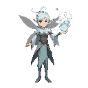 “elf air mage, front view, ethereal posture. wearing elemental artificer attire with light flowing cloth. holding serene breeze orb releasing soft wind curls. graceful movement, no background.