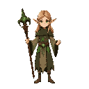 elf earth mage, front view, long pointed ears, serene look. wearing forest guardian robes with leaf patterns. holding enchanted oak staff with green runes. soft earth aura and floating dust, no background.