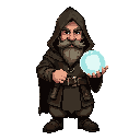 dwarf mage acolyte traveler, front view, heavy vestments with worn hood edges. holding an opaque glass orb with dim glow. determined expression, sturdy posture, braided beard, light shading, no background.