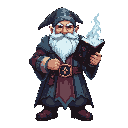 dwarf ice mage, front view, heavy vestments in cold colors. holding royal scholar grimoire emitting icy mist. frost traces on beard tips, sturdy stance, no background.
