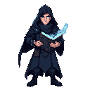 human night mage, front view, wearing night watcher vestments with dark blue tones. holding a royal scholar grimoire emitting cold mist. sharp gaze, subtle frost on sleeves, cool aura, no background.