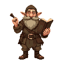 dwarf rural mage, front view, wearing rough rural clothes with patches. holding a scratched spellbook with damaged pages. broad stance, thick beard, rugged look, earthy tones, light shading, no background.