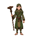 “human druidic mage, front view, wearing forest guardian robes with leaf motifs and natural fabric. holding an enchanted oak staff with faint green runes. soft earth aura around feet, calm expression, no background.