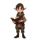 “half-elf rural mage, front view, pointed ears, wearing simple patched rural clothes. holding a scratched spellbook with weathered pages. friendly expression, practical look, earthy tones, no background.”