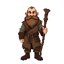 “dwarf mage, front view, sturdy body, wide beard. wearing a tattered apprentice robe with rough frayed edges. holding a raw wooden staff, uneven and crude. firm stance, simple boots, light shading, no background.