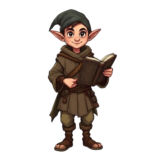 “half-elf rural mage, front view, pointed ears, wearing simple patched rural clothes. holding a scratched spellbook with weathered pages. friendly expression, practical look, earthy tones, no background.”