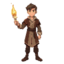 human mage, front view, wearing an arcane academy tunic with refined trims. holding a cut crystal wand glowing with small fire sparks. confident stance, warm colors, subtle embers around the hand, clean shading, no background
