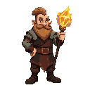 dwarf fire mage, stout body, front view. wearing arcane academy tunic with heavy trims. holding crystal staff shining with fire sparks. firm stance, bearded confidence, ember glow, no background.