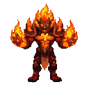 fire elemental, front view, armor of living magma plates and ember veins. body cracks with molten light, shoulders erupt in flame. hellfire blaze engulfs hands in orange-red inferno, ash particles and sparks, intense heat glow and blackened edges, no back