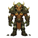 earth elemental, front view, armor of layered rock plates and mossy runes. craggy shoulders and rooted veins. earthquake magic: cracked stone fissures erupting, tumbling boulders and dust pillars, ochre and deep green tones, heavy seismic motion, no backg