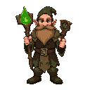 “dwarf earth mage, front view, thick beard. wearing forest guardian robes with bark-like details. holding enchanted oak staff with glowing green runes. earthy aura around boots, no background.”