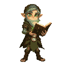 druid sage, earthy tones, glowing green eyes. wearing forest arcane attire covered in vines, bark plates, and moon symbols. holding codex of the three moons glowing in gold, silver, and green. leaves float around, soft nature aura, no background.
