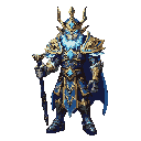 high-elf, front view, ornate arcane ceremonial armor with gold filigree and glowing blue sigils. holds primordial storm staff crackling with white-blue lightning. tempest swirling around shoulders, rain streaks and cloud tendrils, vivid electric blues and