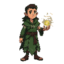 “druid mage, natural tattoos, calm expression. wearing stellar shaman vestments with silver starlines across green fabric. holding minor eclipse orb emitting shifting elemental lights: wind curls, sparks, droplets. bright magical swirl, no background.