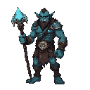 arcane orc shaman, muscular frame, glowing blue veins. wearing stellar shaman vestments with constellations stitched in silver. holding runic bone wand with faint sky-blue runes. soft star particles swirl around him, no background.