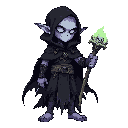 drow necromancer, pale violet tattoos, sharp features. wearing forgotten archon mantle with torn black layers and ghostly runes. holding runic bone wand emitting green soul sparks. faint skull wisps, eerie glow, no background.