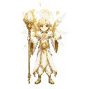 high-elf, front view, celestial regalia of white-gold cloth and radiant crystal trims. holds transcendent light staff emitting pure beams and floating prisms. radiant aura of gold, white and pale blue light, lens-flare shards and halo, intensely luminous,