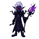 drow mage, dark violet skin, white hair, glowing red eyes. wearing void arcane attire with swirling purple patterns. holding awakened shadow staff leaking dark mist and shifting shapes. intense contrast, ominous aura, no background.