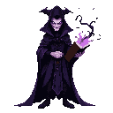 vampire sorcerer, front view, high convergence vestments of deep purple silk and black runes. holds arcane veil grimoire exhaling inky shadow ribbons. swirling void tendrils, violet highlights and obsidian black, drifting shadow motes, dramatic contrast, 