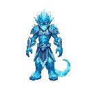 “water elemental, front view, flowing armor of glassy waves and liquid silver plates. body shimmers with deep-blue currents. blizzard magic: crystalline snow whirlwinds, turquoise ice shards and frosted mist swirling, bright cyan highlights, cold sparkle,