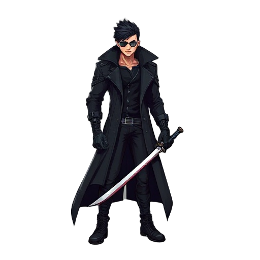cyberpunk male with black coat and and sword in hand 
