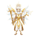 a godness high-elf transcendental, front view, celestial regalia of white-gold cloth and radiant crystal trims. holds a big transcendent light staff emitting pure beams and floating prisms. radiant aura of gold, white and pale blue light, lens-flare shard