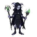 drow necromancer, pale violet tattoos, sharp features. wearing forgotten archon mantle with torn black layers and ghostly runes. holding runic bone wand emitting green soul sparks. faint skull wisps, eerie glow, with darkness magic in your hands