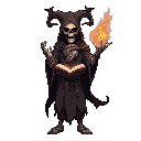 ancient demokin sorcerer, front view, wearing the  tattered starless cloth, embedded bone runes, floating shards of cursed obsidian, long ghost-fire trails. holds a levitating tome with pages of living shadow, skeletal hands emerging from its aura. darkne