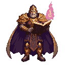 human supremus mage, front view, clad in ancient primordial armor of carved stone, gold lattice, and runic light channels. cape flows as fluid light. holds the ‘eternity grimoire’, an ancient tome with pages of pure energy, runes burning in shifting color